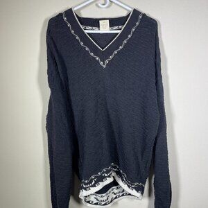 Generra Dark Gray White V-Neck Cotton Vintage Sweater Large Oversized!